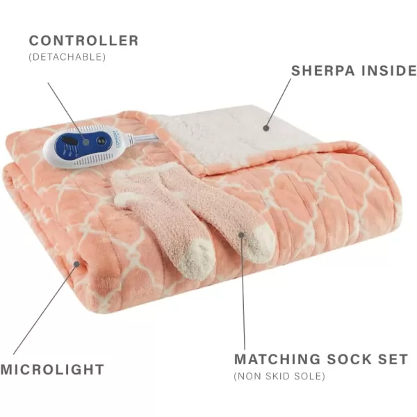 Comfort Spaces Plush to Sherpa Electric Blanket Shawl Shoulder Neck Wrap with Matching Sock Set Giftable Ultra Soft Warm Snuggle FleeceReversible Heated Poncho Throw 50quot W x 64quot L Ogee AquaOgee Blush