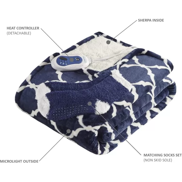 Comfort Spaces Plush to Sherpa Electric Blanket Shawl Shoulder Neck Wrap with Matching Sock Set Giftable Ultra Soft Warm Snuggle FleeceReversible Heated Poncho Throw 50quot W x 64quot L Ogee AquaOgee Navy