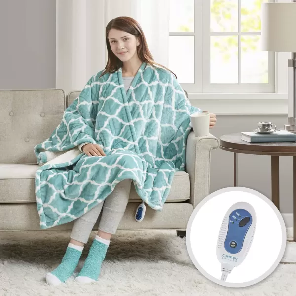 Comfort Spaces Plush to Sherpa Electric Blanket Shawl Shoulder Neck Wrap with Matching Sock Set Giftable Ultra Soft Warm Snuggle FleeceReversible Heated Poncho Throw 50quot W x 64quot L Ogee AquaOgee Aqua
