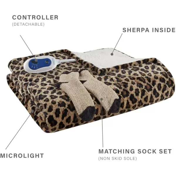 Comfort Spaces Plush to Sherpa Electric Blanket Shawl Shoulder Neck Wrap with Matching Sock Set Giftable Ultra Soft Warm Snuggle FleeceReversible Heated Poncho Throw 50quot W x 64quot L Ogee AquaAnimal Print