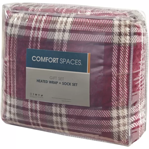 Comfort Spaces Plush to Sherpa Electric Blanket Shawl Shoulder Neck Wrap with Matching Sock Set Giftable Ultra Soft Warm Snuggle FleeceReversible Heated Poncho Throw 50quot W x 64quot L Ogee AquaRed Plaid