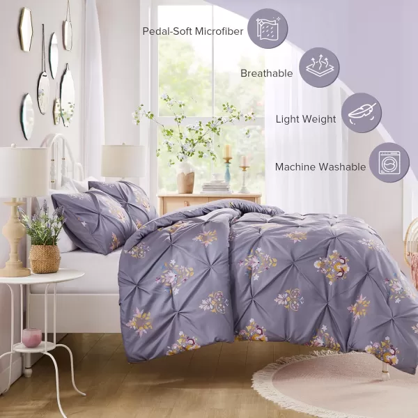 Comfort Spaces Purple Queen Comforter Set  3 Pieces Pintuck Tufted Vintage Floral Bedding Set Queen All Seasons SkinFriendly Lightweight ampamp Soft Microfiber Queen Bed Set Shams Misha FullQueenPurple