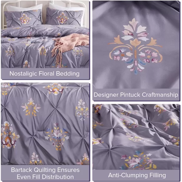 Comfort Spaces Purple Queen Comforter Set  3 Pieces Pintuck Tufted Vintage Floral Bedding Set Queen All Seasons SkinFriendly Lightweight ampamp Soft Microfiber Queen Bed Set Shams Misha FullQueenPurple