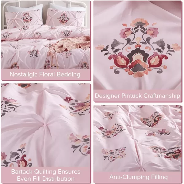 Comfort Spaces Purple Queen Comforter Set  3 Pieces Pintuck Tufted Vintage Floral Bedding Set Queen All Seasons SkinFriendly Lightweight ampamp Soft Microfiber Queen Bed Set Shams Misha FullQueenPink