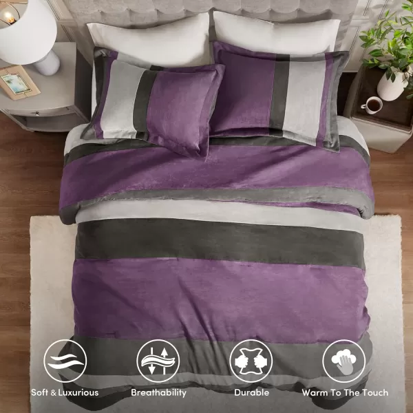 Comfort Spaces Queen Comforter Set 3 Piece Luxe Microsuede Pieced Design Color Block Stripes Bedding Comforter Sets All Season Soft Brushed Microfiber Reverse Matching Shams FullQueen BluePurple
