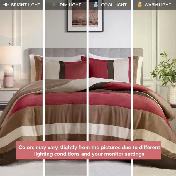 Comfort Spaces Queen Comforter Set 3 Piece Luxe Microsuede Pieced Design Color Block Stripes Bedding Comforter Sets All Season Soft Brushed Microfiber Reverse Matching Shams FullQueen BlueRed