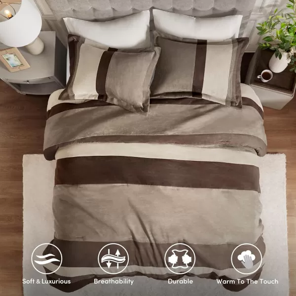 Comfort Spaces Queen Comforter Set 3 Piece Luxe Microsuede Pieced Design Color Block Stripes Bedding Comforter Sets All Season Soft Brushed Microfiber Reverse Matching Shams FullQueen BlueNeutral