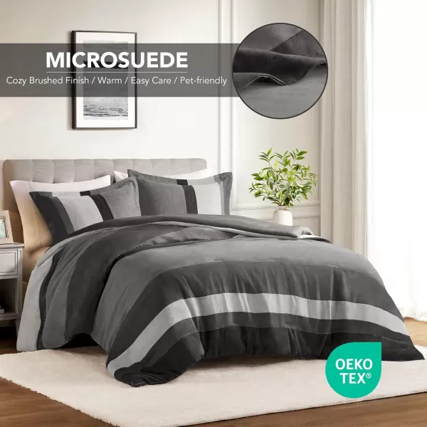 Comfort Spaces Queen Comforter Set 3 Piece Luxe Microsuede Pieced Design Color Block Stripes Bedding Comforter Sets All Season Soft Brushed Microfiber Reverse Matching Shams FullQueen BlueBlack
