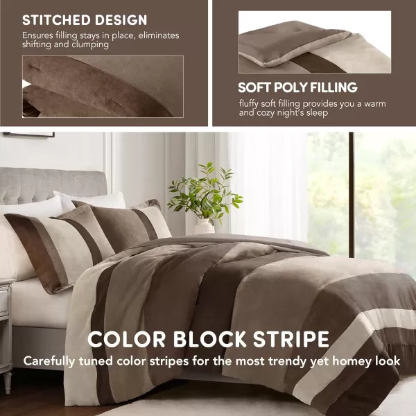 Comfort Spaces Queen Comforter Set 3 Piece Luxe Microsuede Pieced Design Color Block Stripes Bedding Comforter Sets All Season Soft Brushed Microfiber Reverse Matching Shams FullQueen BlueNeutral