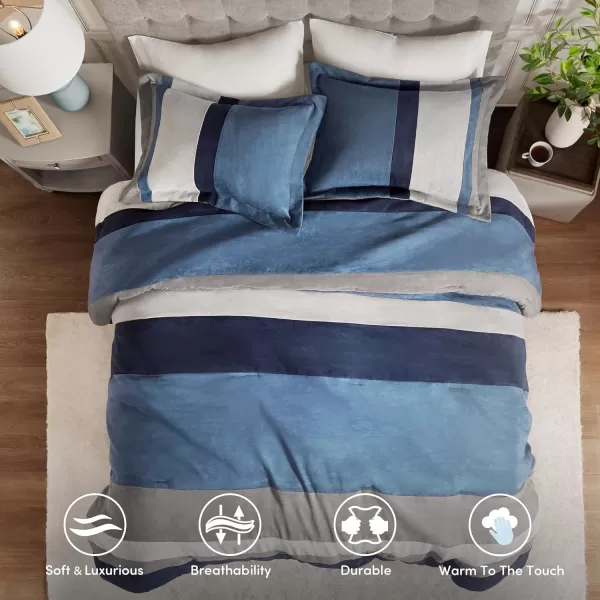 Comfort Spaces Queen Comforter Set 3 Piece Luxe Microsuede Pieced Design Color Block Stripes Bedding Comforter Sets All Season Soft Brushed Microfiber Reverse Matching Shams FullQueen BlueBlue