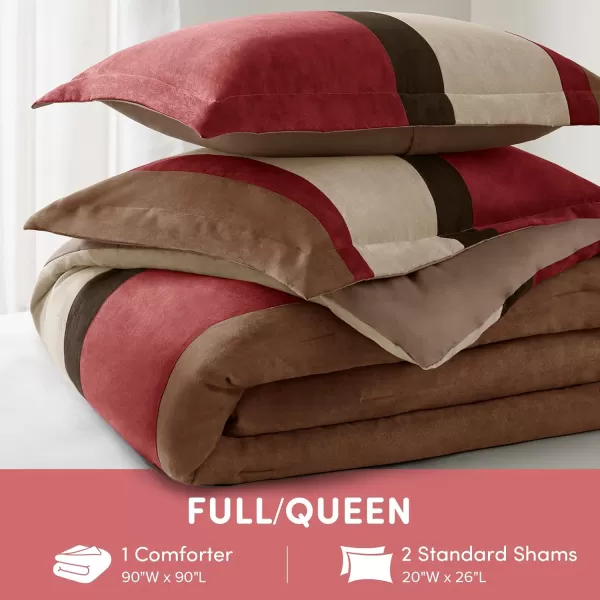 Comfort Spaces Queen Comforter Set 3 Piece Luxe Microsuede Pieced Design Color Block Stripes Bedding Comforter Sets All Season Soft Brushed Microfiber Reverse Matching Shams FullQueen BlueRed