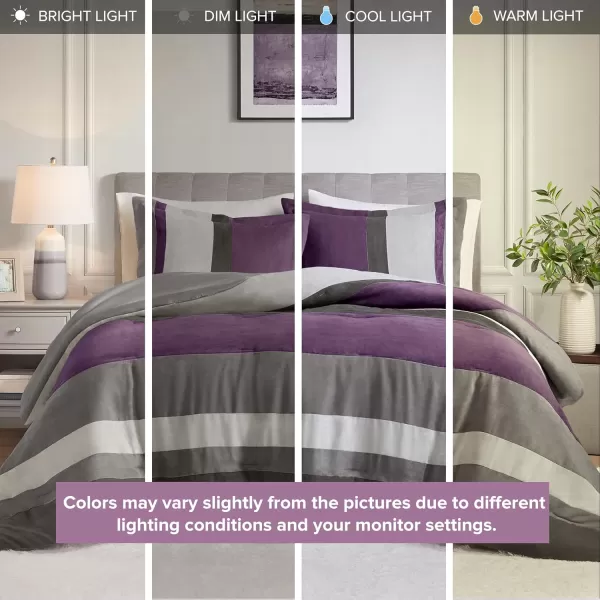 Comfort Spaces Queen Comforter Set 3 Piece Luxe Microsuede Pieced Design Color Block Stripes Bedding Comforter Sets All Season Soft Brushed Microfiber Reverse Matching Shams FullQueen BluePurple