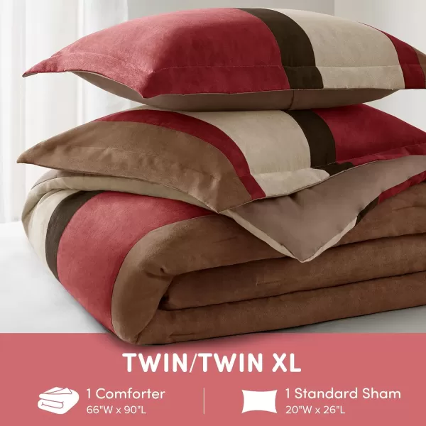 Comfort Spaces Queen Comforter Set 3 Piece Luxe Microsuede Pieced Design Color Block Stripes Bedding Comforter Sets All Season Soft Brushed Microfiber Reverse Matching Shams FullQueen BlueRed
