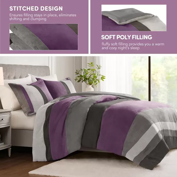 Comfort Spaces Queen Comforter Set 3 Piece Luxe Microsuede Pieced Design Color Block Stripes Bedding Comforter Sets All Season Soft Brushed Microfiber Reverse Matching Shams FullQueen BluePurple