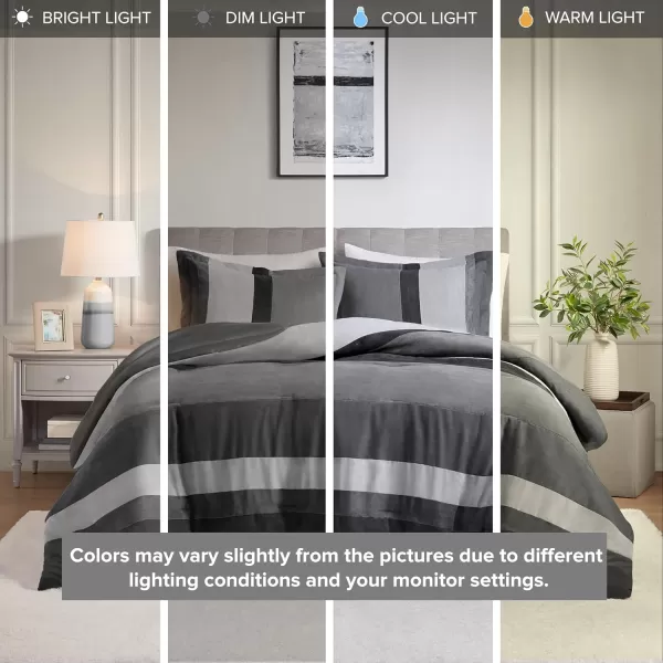 Comfort Spaces Queen Comforter Set 3 Piece Luxe Microsuede Pieced Design Color Block Stripes Bedding Comforter Sets All Season Soft Brushed Microfiber Reverse Matching Shams FullQueen BlueBlack