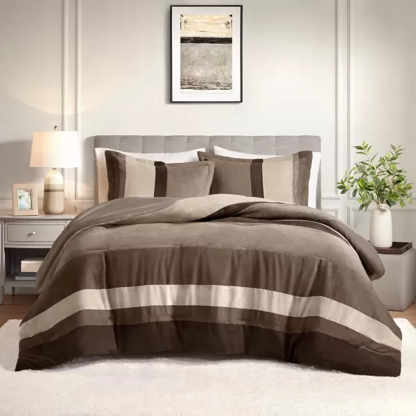 Comfort Spaces Queen Comforter Set 3 Piece Luxe Microsuede Pieced Design Color Block Stripes Bedding Comforter Sets All Season Soft Brushed Microfiber Reverse Matching Shams FullQueen BlueNeutral