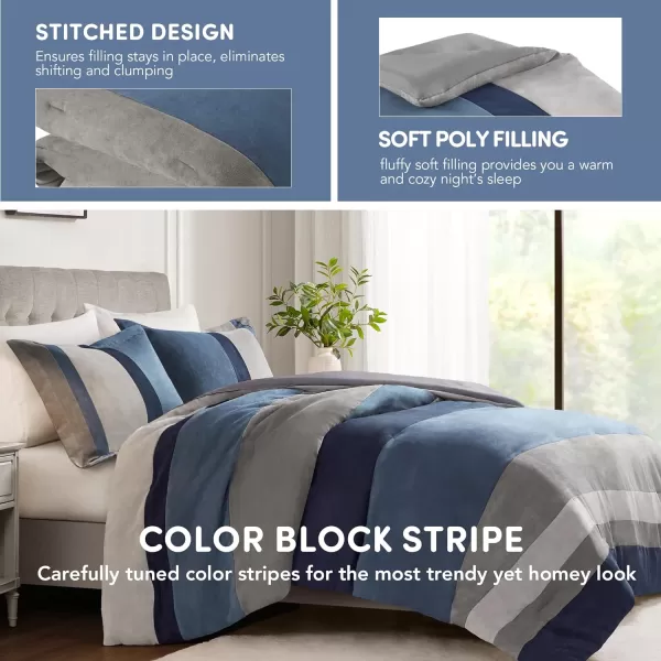 Comfort Spaces Queen Comforter Set 3 Piece Luxe Microsuede Pieced Design Color Block Stripes Bedding Comforter Sets All Season Soft Brushed Microfiber Reverse Matching Shams FullQueen BlueBlue