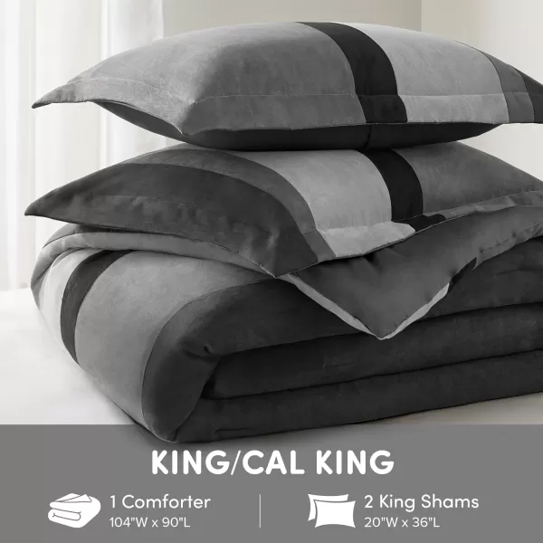 Comfort Spaces Queen Comforter Set 3 Piece Luxe Microsuede Pieced Design Color Block Stripes Bedding Comforter Sets All Season Soft Brushed Microfiber Reverse Matching Shams FullQueen BlueBlack