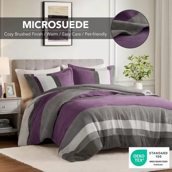 Comfort Spaces Queen Comforter Set 3 Piece Luxe Microsuede Pieced Design Color Block Stripes Bedding Comforter Sets All Season Soft Brushed Microfiber Reverse Matching Shams FullQueen BluePurple
