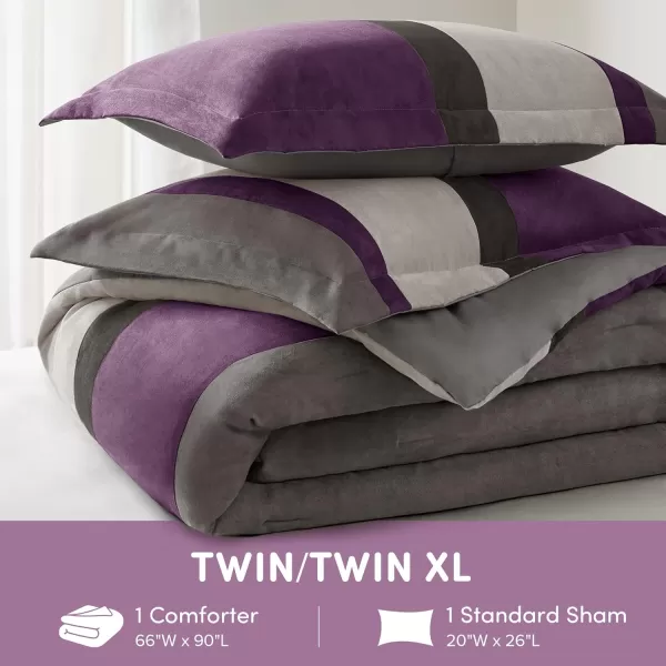 Comfort Spaces Queen Comforter Set 3 Piece Luxe Microsuede Pieced Design Color Block Stripes Bedding Comforter Sets All Season Soft Brushed Microfiber Reverse Matching Shams FullQueen BluePurple