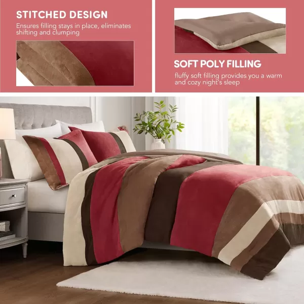 Comfort Spaces Queen Comforter Set 3 Piece Luxe Microsuede Pieced Design Color Block Stripes Bedding Comforter Sets All Season Soft Brushed Microfiber Reverse Matching Shams FullQueen BlueRed