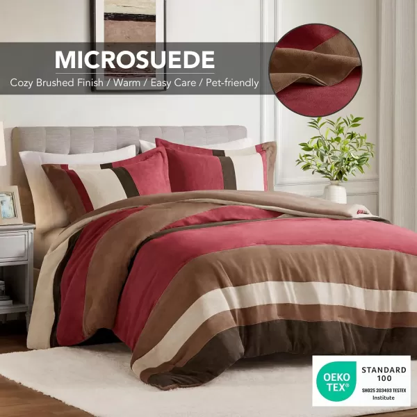 Comfort Spaces Queen Comforter Set 3 Piece Luxe Microsuede Pieced Design Color Block Stripes Bedding Comforter Sets All Season Soft Brushed Microfiber Reverse Matching Shams FullQueen BlueRed