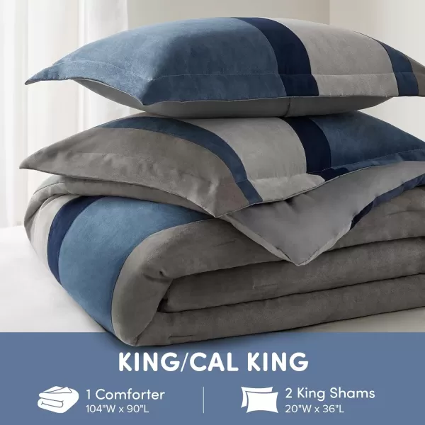 Comfort Spaces Queen Comforter Set 3 Piece Luxe Microsuede Pieced Design Color Block Stripes Bedding Comforter Sets All Season Soft Brushed Microfiber Reverse Matching Shams FullQueen BlueBlue