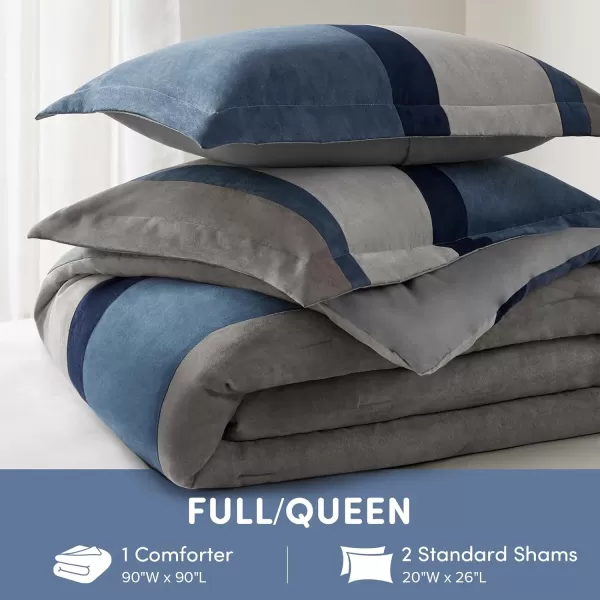 Comfort Spaces Queen Comforter Set 3 Piece Luxe Microsuede Pieced Design Color Block Stripes Bedding Comforter Sets All Season Soft Brushed Microfiber Reverse Matching Shams FullQueen BlueBlue