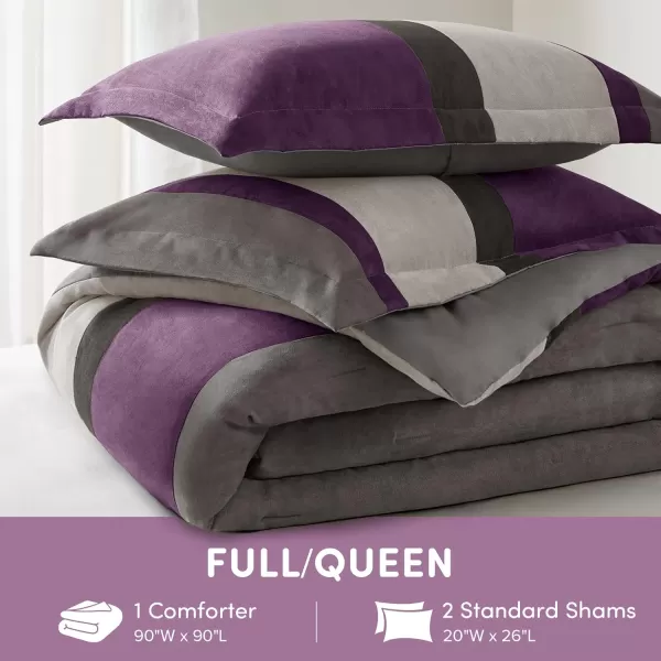 Comfort Spaces Queen Comforter Set 3 Piece Luxe Microsuede Pieced Design Color Block Stripes Bedding Comforter Sets All Season Soft Brushed Microfiber Reverse Matching Shams FullQueen BluePurple