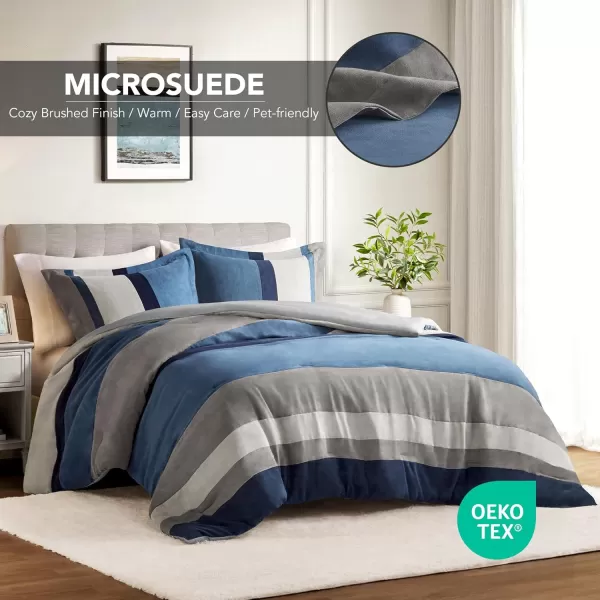 Comfort Spaces Queen Comforter Set 3 Piece Luxe Microsuede Pieced Design Color Block Stripes Bedding Comforter Sets All Season Soft Brushed Microfiber Reverse Matching Shams FullQueen BlueBlue