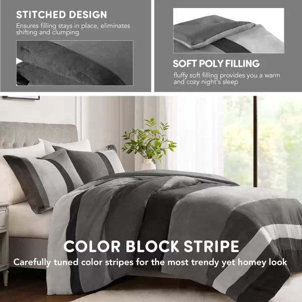 Comfort Spaces Queen Comforter Set 3 Piece Luxe Microsuede Pieced Design Color Block Stripes Bedding Comforter Sets All Season Soft Brushed Microfiber Reverse Matching Shams FullQueen BlueBlack