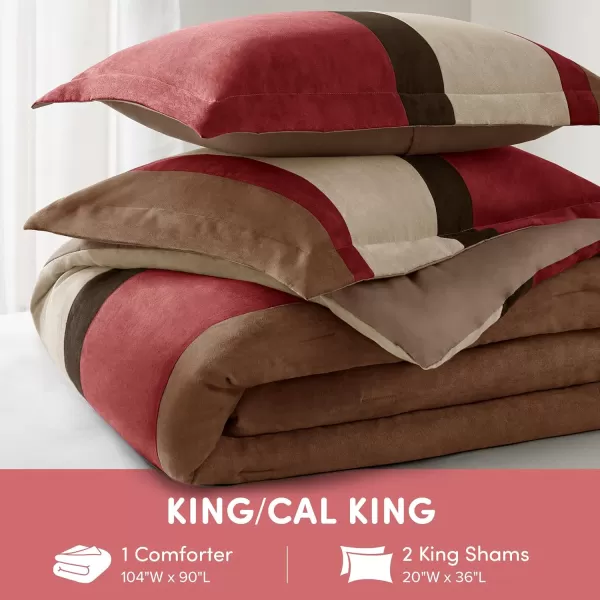 Comfort Spaces Queen Comforter Set 3 Piece Luxe Microsuede Pieced Design Color Block Stripes Bedding Comforter Sets All Season Soft Brushed Microfiber Reverse Matching Shams FullQueen BlueRed