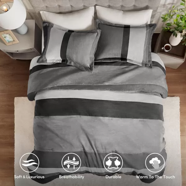 Comfort Spaces Queen Comforter Set 3 Piece Luxe Microsuede Pieced Design Color Block Stripes Bedding Comforter Sets All Season Soft Brushed Microfiber Reverse Matching Shams FullQueen BlueBlack