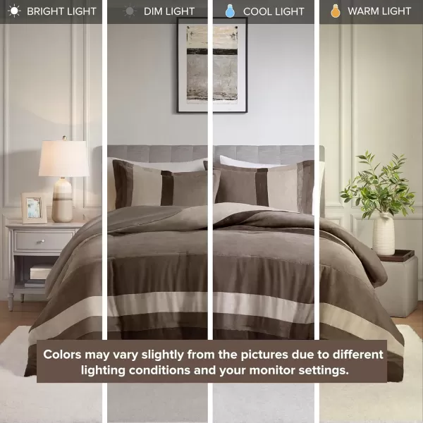 Comfort Spaces Queen Comforter Set 3 Piece Luxe Microsuede Pieced Design Color Block Stripes Bedding Comforter Sets All Season Soft Brushed Microfiber Reverse Matching Shams FullQueen BlueNeutral