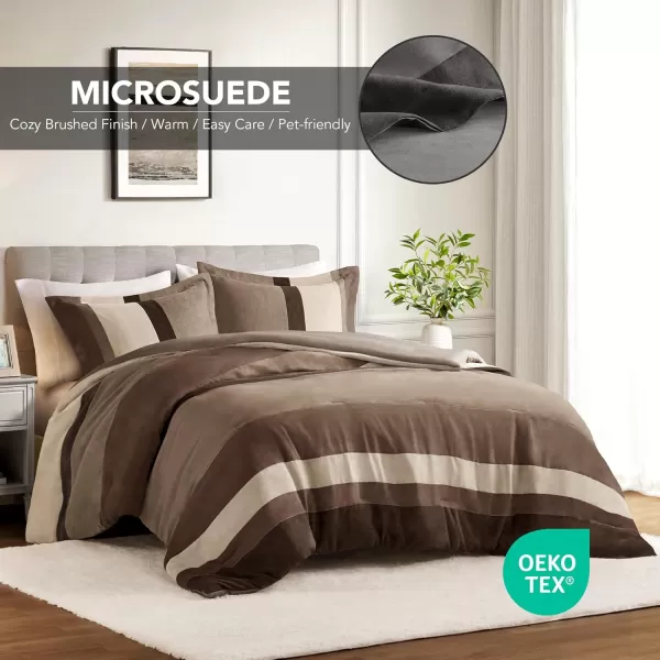 Comfort Spaces Queen Comforter Set 3 Piece Luxe Microsuede Pieced Design Color Block Stripes Bedding Comforter Sets All Season Soft Brushed Microfiber Reverse Matching Shams FullQueen BlueNeutral