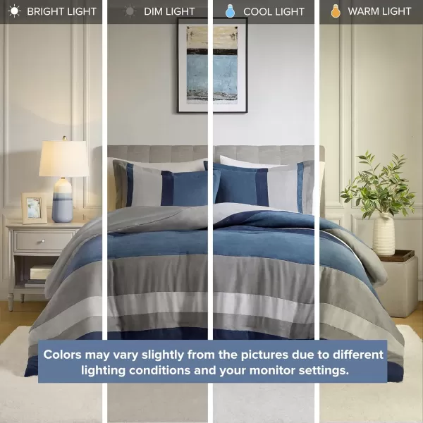 Comfort Spaces Queen Comforter Set 3 Piece Luxe Microsuede Pieced Design Color Block Stripes Bedding Comforter Sets All Season Soft Brushed Microfiber Reverse Matching Shams FullQueen BlueBlue