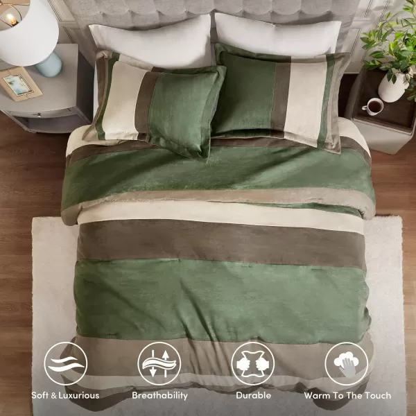 Comfort Spaces Queen Comforter Set 3 Piece Luxe Microsuede Pieced Design Color Block Stripes Bedding Comforter Sets Winter Soft Brushed Microfiber Reverse Matching Sham FullQueen GreenGreen