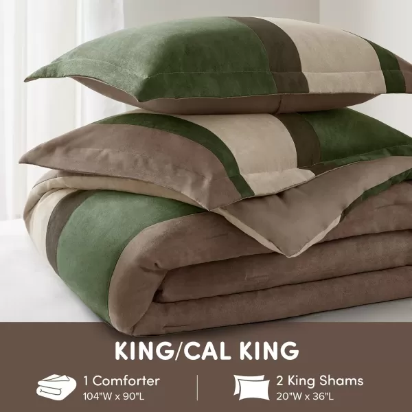 Comfort Spaces Queen Comforter Set 3 Piece Luxe Microsuede Pieced Design Color Block Stripes Bedding Comforter Sets Winter Soft Brushed Microfiber Reverse Matching Sham FullQueen GreenGreen
