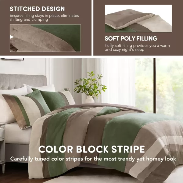 Comfort Spaces Queen Comforter Set 3 Piece Luxe Microsuede Pieced Design Color Block Stripes Bedding Comforter Sets Winter Soft Brushed Microfiber Reverse Matching Sham FullQueen GreenGreen