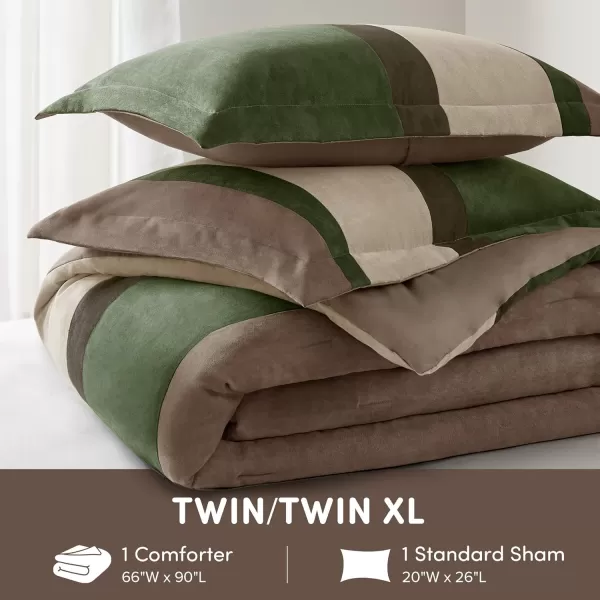 Comfort Spaces Queen Comforter Set 3 Piece Luxe Microsuede Pieced Design Color Block Stripes Bedding Comforter Sets Winter Soft Brushed Microfiber Reverse Matching Sham FullQueen GreenGreen