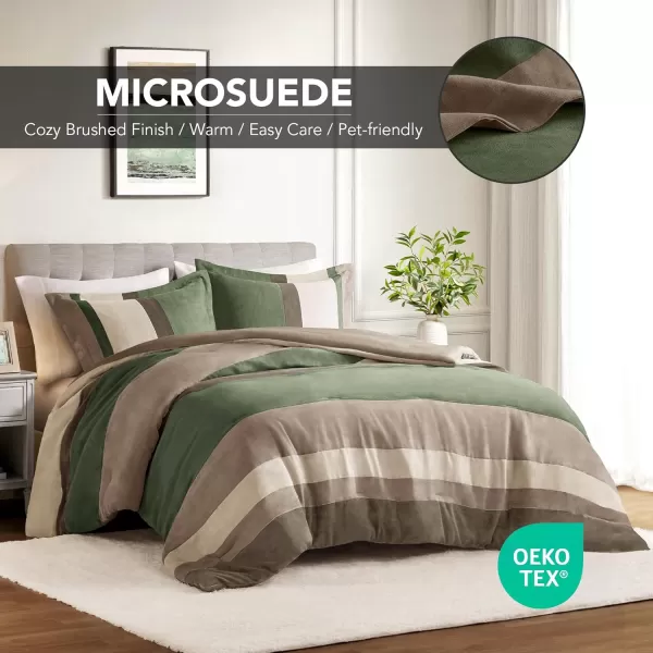 Comfort Spaces Queen Comforter Set 3 Piece Luxe Microsuede Pieced Design Color Block Stripes Bedding Comforter Sets Winter Soft Brushed Microfiber Reverse Matching Sham FullQueen GreenGreen