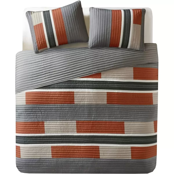 Comfort Spaces Quilt Set Trendy Casual Fun Vibrant Color Design Hypoallergenic All Season Lightweight Coverlet Bedspread Cozy Kids Bedding ampamp Sham FullQueen Pierre Grey Orange Stripe 3 PieceGrayOrange