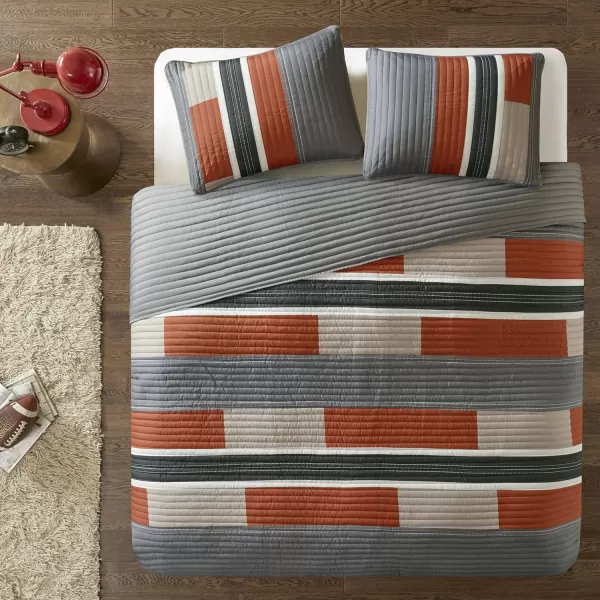 Comfort Spaces Quilt Set Trendy Casual Fun Vibrant Color Design Hypoallergenic All Season Lightweight Coverlet Bedspread Cozy Kids Bedding ampamp Sham FullQueen Pierre Grey Orange Stripe 3 PieceGrayOrange