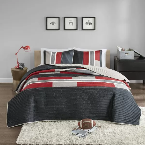Comfort Spaces Quilt Set Trendy Casual Fun Vibrant Color Design Hypoallergenic All Season Lightweight Coverlet Bedspread Cozy Kids Bedding ampamp Sham FullQueen Pierre Grey Orange Stripe 3 PieceBlackRed