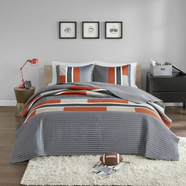 Comfort Spaces Quilt Set Trendy Casual Fun Vibrant Color Design Hypoallergenic All Season Lightweight Coverlet Bedspread Cozy Kids Bedding ampamp Sham FullQueen Pierre Grey Orange Stripe 3 PieceGrayOrange