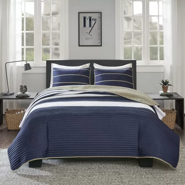 Comfort Spaces Quilt Set Trendy Casual Fun Vibrant Color Design Hypoallergenic All Season Lightweight Coverlet Bedspread Cozy Kids Bedding ampamp Sham FullQueen Pierre Grey Orange Stripe 3 PieceBlue