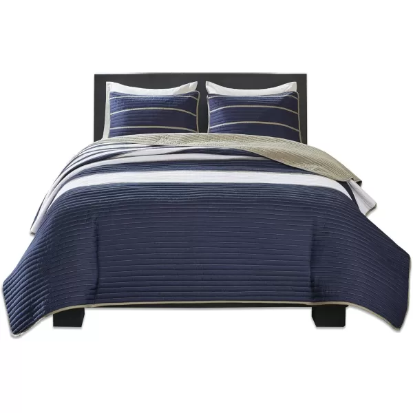 Comfort Spaces Quilt Set Trendy Casual Fun Vibrant Color Design Hypoallergenic All Season Lightweight Coverlet Bedspread Cozy Kids Bedding ampamp Sham FullQueen Pierre Grey Orange Stripe 3 PieceBlue