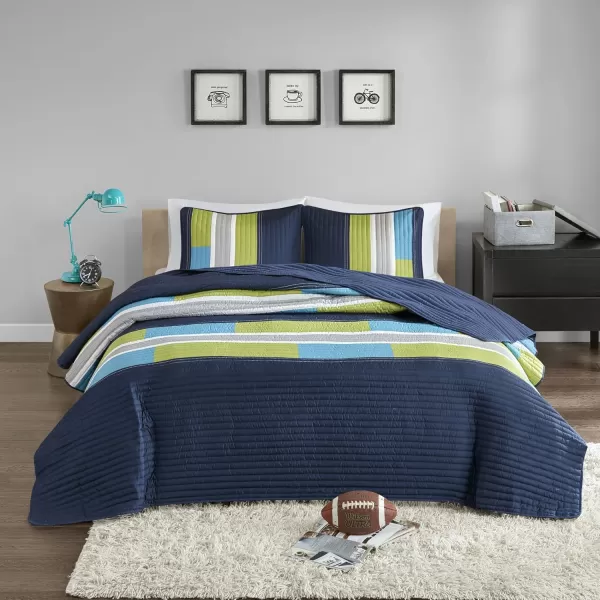 Comfort Spaces Quilt Set Trendy Casual Fun Vibrant Color Design Hypoallergenic All Season Lightweight Coverlet Bedspread Cozy Kids Bedding ampamp Sham FullQueen Pierre Grey Orange Stripe 3 PieceBlueNavy
