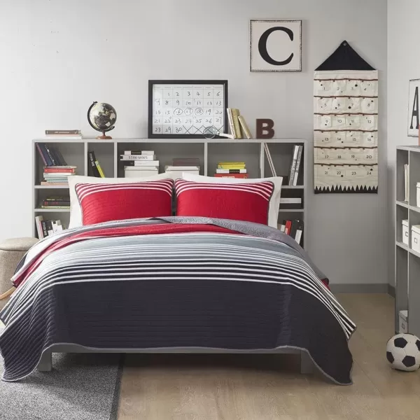 Comfort Spaces Quilt Set Trendy Casual Fun Vibrant Color Design Hypoallergenic All Season Lightweight Coverlet Bedspread Cozy Kids Bedding ampamp Sham FullQueen Pierre Grey Orange Stripe 3 PieceRedGrey