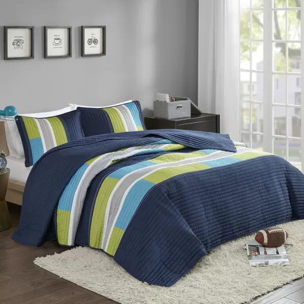 Comfort Spaces Quilt Set Trendy Casual Fun Vibrant Color Design Hypoallergenic All Season Lightweight Coverlet Bedspread Cozy Kids Bedding ampamp Sham FullQueen Pierre Grey Orange Stripe 3 PieceBlueNavy